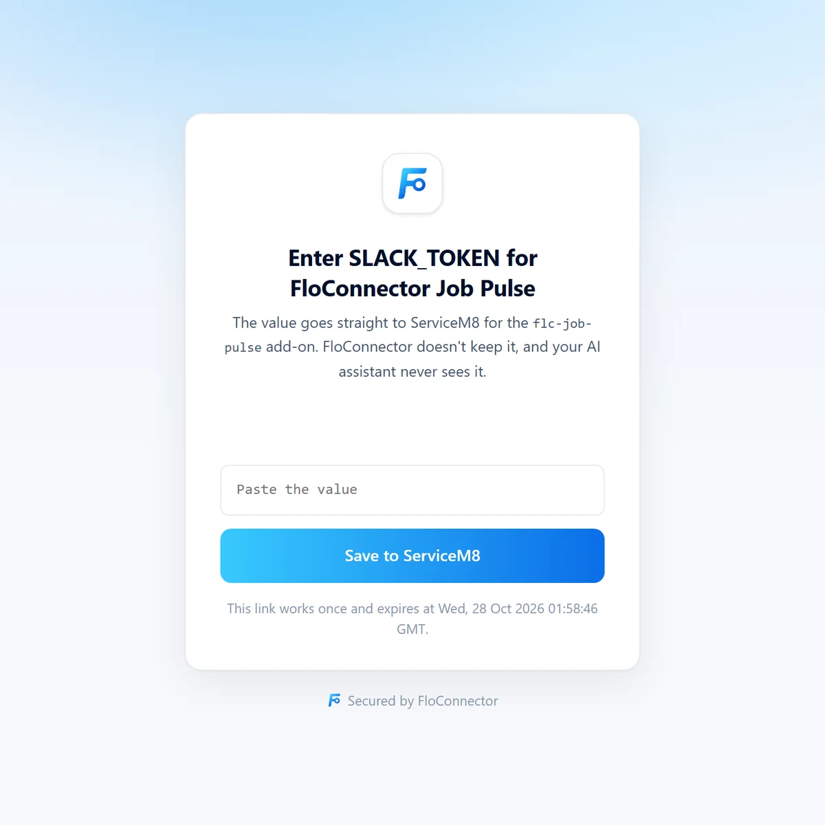 The one-time FloConnector page for entering SLACK_TOKEN for the Job Pulse add-on