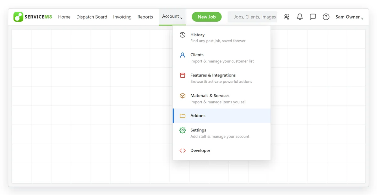 Illustration: the Account menu in ServiceM8, with Addons highlighted