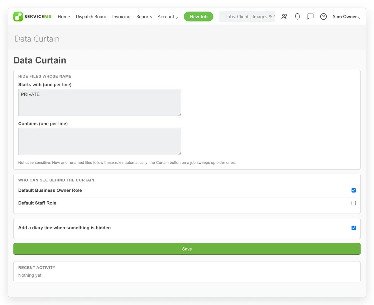Illustration: the Data Curtain settings page open in ServiceM8