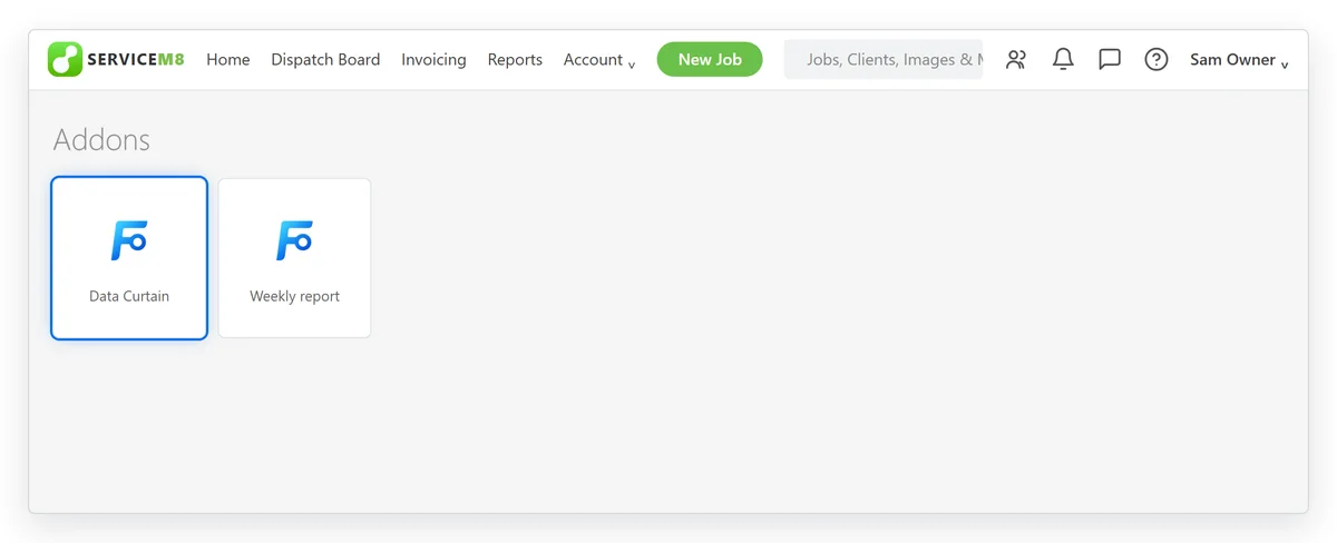 Illustration: the Addons page in ServiceM8, with tiles for Data Curtain and Weekly report