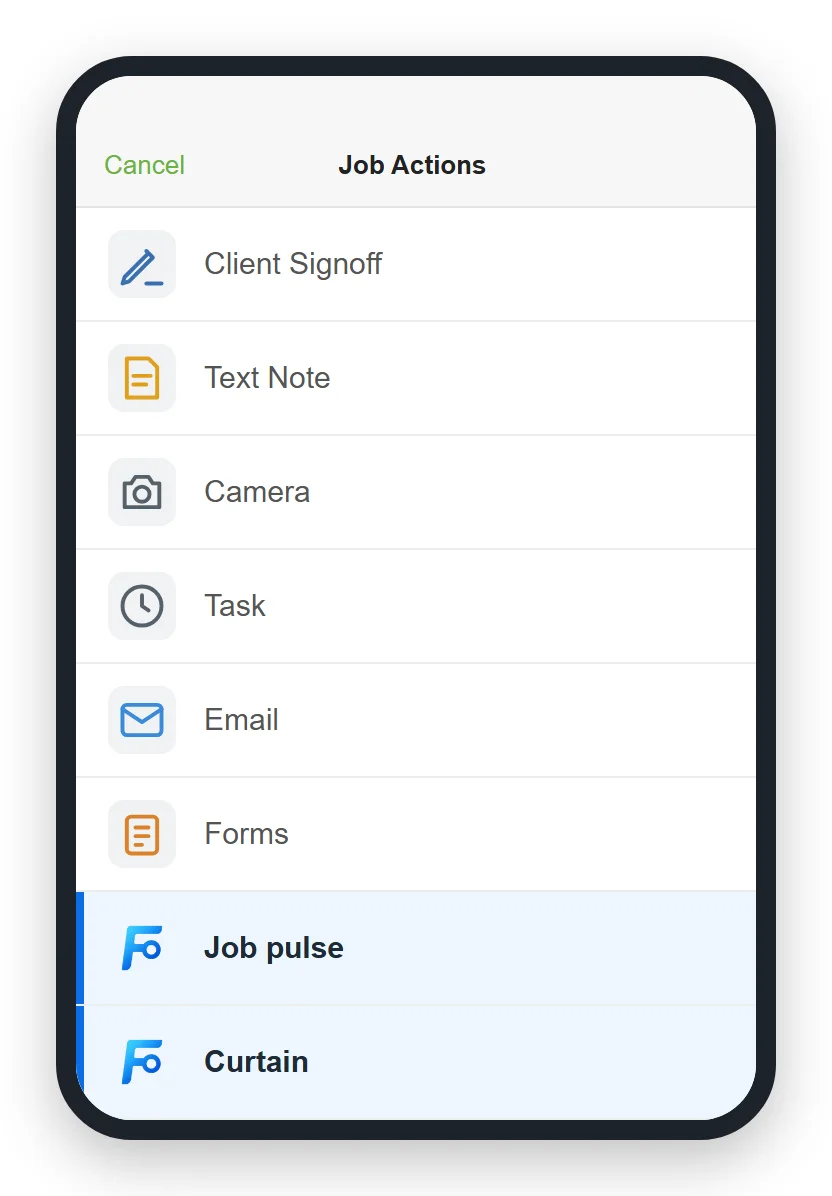 Illustration: the ServiceM8 app's Job Actions list, with Job pulse and Curtain at the bottom