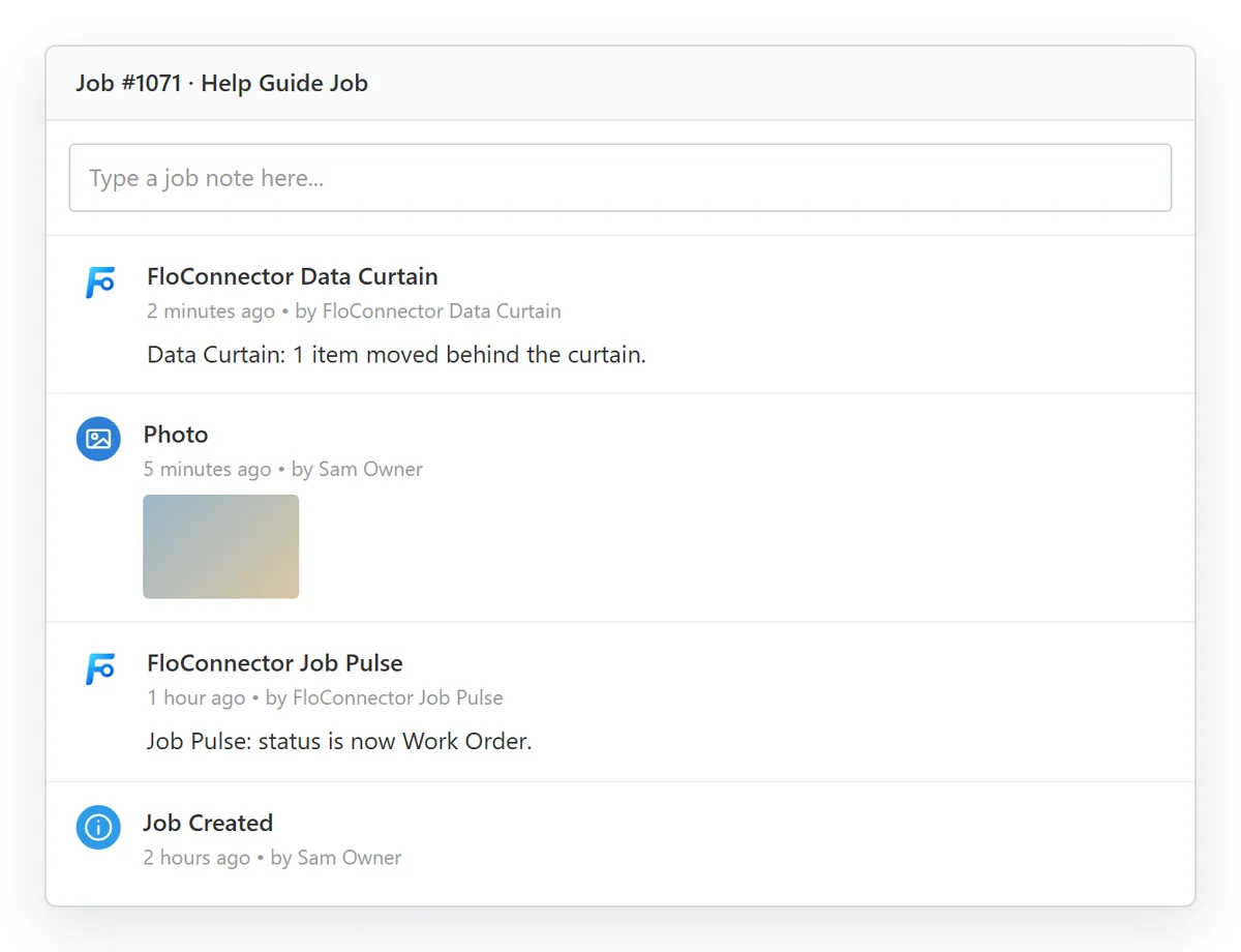 Illustration: a job diary with lines from the Data Curtain and Job Pulse add-ons