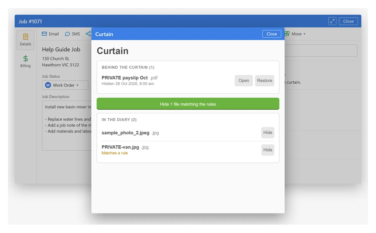 Illustration: the Curtain add-on open in a popup over the job