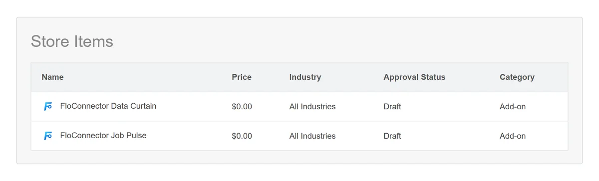 Illustration: ServiceM8's Store Items list, showing the Data Curtain and Job Pulse add-ons with Draft approval status